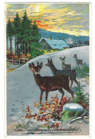 Postkarte Litho Ein Segen Bringendes Weihnachtsfest Rehe Jagd Künstlerkarte 1915 Bild