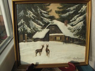 Altes Aquarell Weihnachten Jagd Rehe Winter Signiert 26,  4 X 23,  6cm Bild