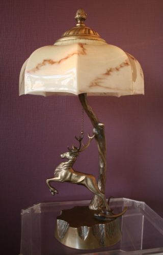 Repräsentative Bronze Tischlampe,  Hirsch Figürlich,  Art Deco Um 1930 Bild