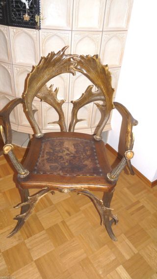 Geweih Stuhl Sessel Antik M Ledersitzfläche Geweihe Abwurfstangen Jäger Bild