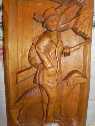 Altes Holzfigur – Holzbild „jäger Mit Hund“ Holzschnitzerei Top 50,  5 X 25cm Bild