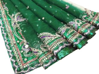 Vintage India Green Dupatta Net Fabric Long Scarf Women Hand Beaded Stole Veil Bild