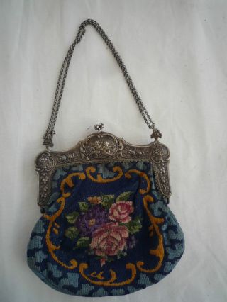 Antike Gobelin Tasche Handtasche Blumenstickerei Top Abendtasche Jugendstil Bild