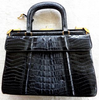 Luxus Handtasche,  Vintage,  Kroko,  Echtes Leder,  Schlüssel Zum Absperren,  Schwarz Bild