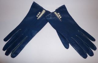 Feine Damen Handschuhe Blaues Kalbsleder Gr.  7 3/4 Weiße Knöpfe Vintage 1960er Bild
