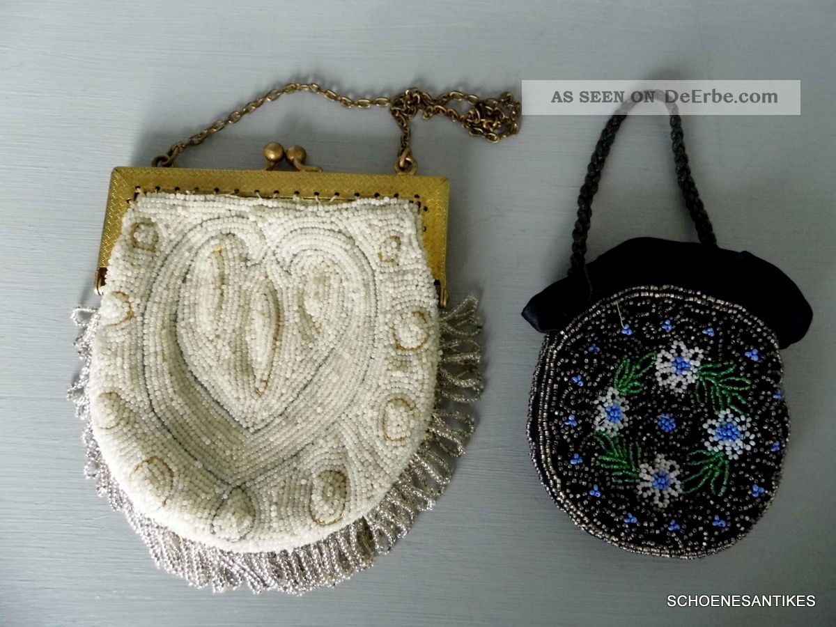 Vintage Zwei Schöne Alte Perlentäschchen Um 1900 Shabby Chic Accessoires Bild