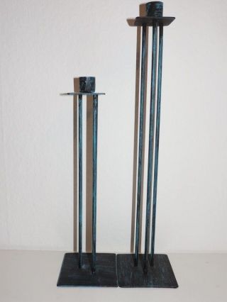 2 Handgefertigte Kerzenständer Aus Metall,  Blau Gebürstet,  Unbed.  Lesen,  Top Bild