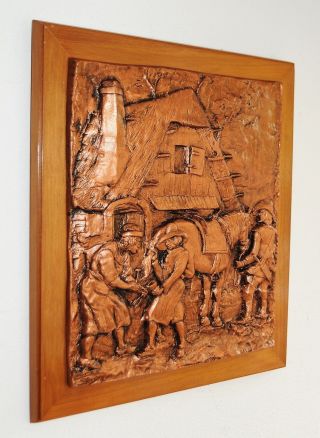 Schweres Kupferbild Relieff Auf Holz - Motiv: Pferdeschmied Bild
