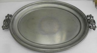 Großes Altes Zinn Tablett Oval Mit Verzierten Handhaben Und Punze Bild