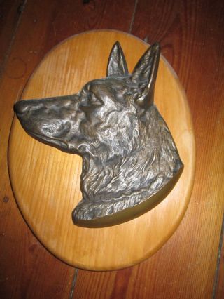 Bronze Hundekopf / Schäferhund / Feine Arbeit / 1400 G / Auf Holzplatte / Hund Bild