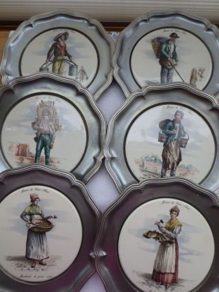 6 Zinnteller Mit Porzellan - /keramikeinsatz: Mittelalterliche Berufe,  Wandteller Bild