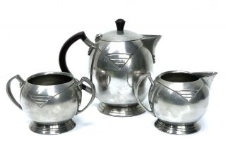 Kaffee & Teekanne,  Sahnekännchen,  Zuckertopf,  Zinn,  Warric - England,  Art Deko. Bild