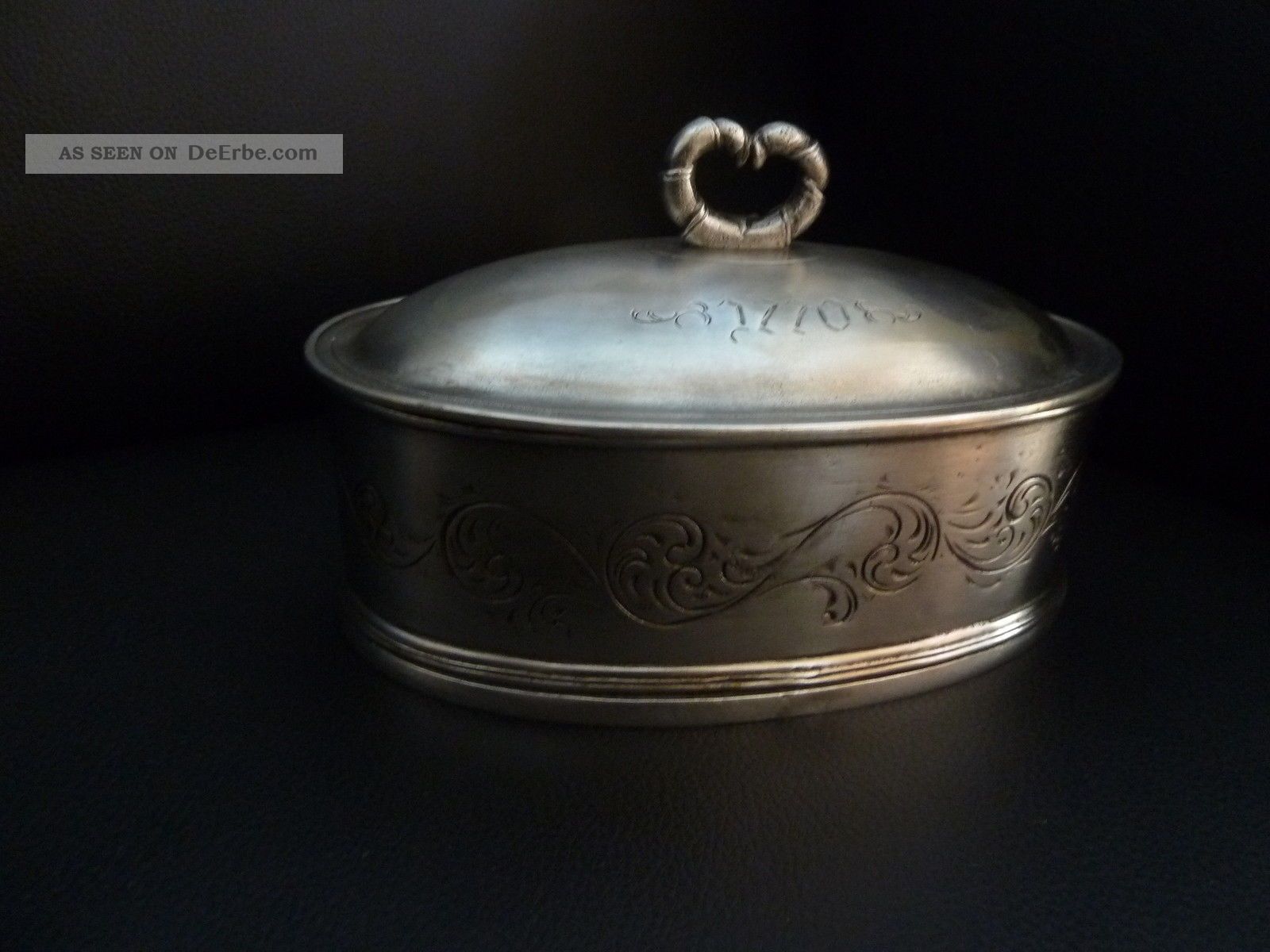 Schwere Zinnschale Mit Deckel Mit Griff Oval Ovp 92 Zinn Gefertigt nach 1945 Bild