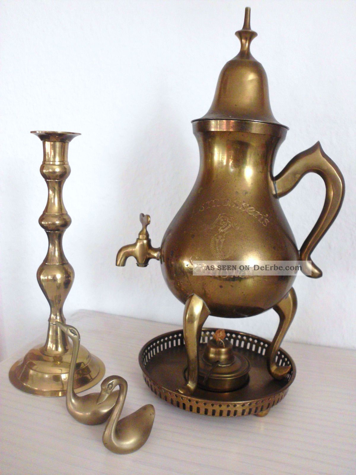 Asmussen ' S Samowar Antik Messing Schale Brenner Kerzenständer Schwäne Messing Bild