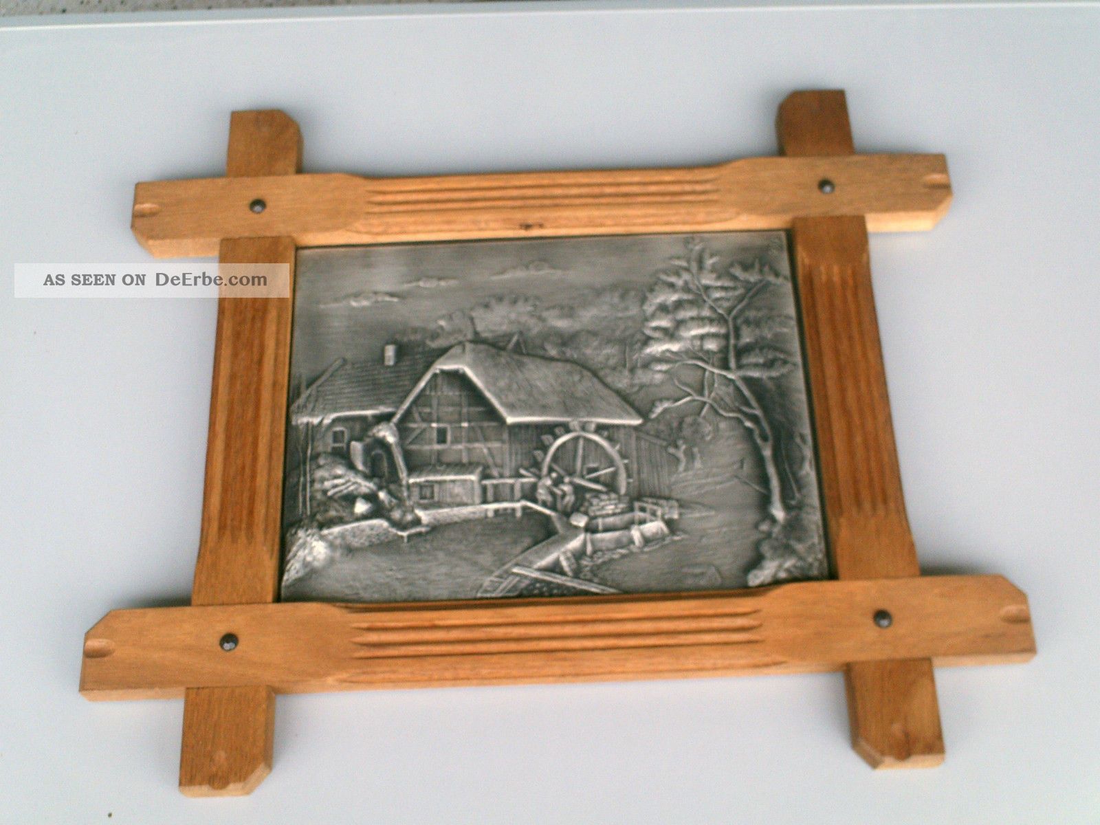 Zinn Relief Bild Im Eiche Rustikal Rahmen - Motiv Mühle Gefertigt nach 1945 Bild