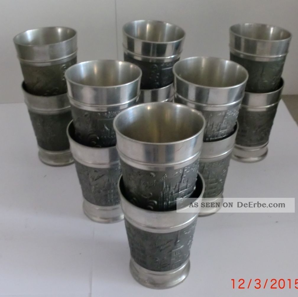 Zinnbecher 12 Stück Mit Gravur Und Zwei Verschiedenen Motiven Gefertigt nach 1945 Bild