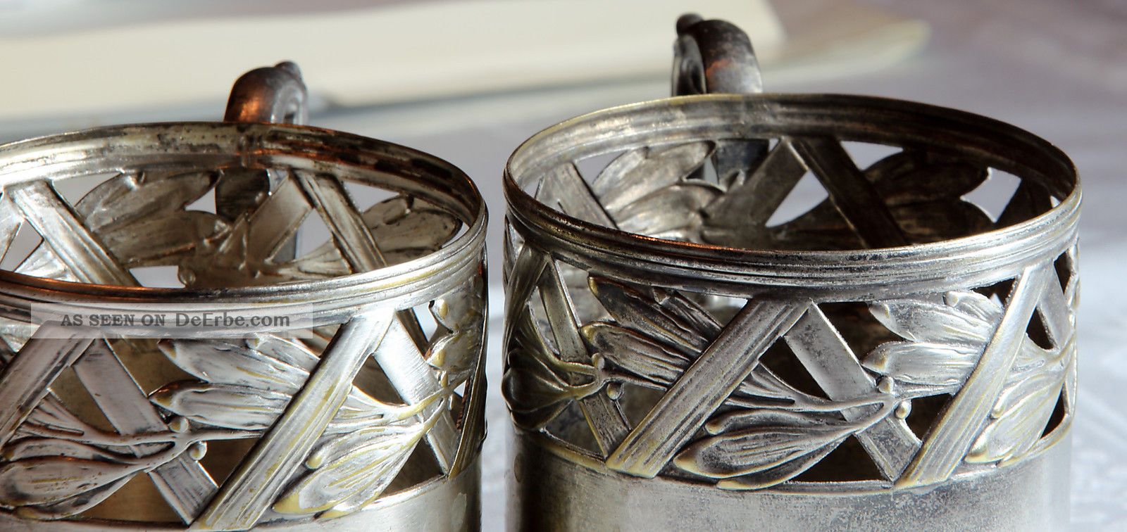 2 Teeglashalter Tee Glas Halter Jugendstil Messing Versilbert Monogramm Messing Bild