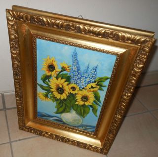 Sonnenblumen ÖlgemÄlde In Wertvollem,  SchÖnem Goldenem Rahmen,  Massiv,  Selten Bild