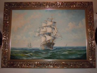 Sehr Großes Ölgemälde Segelboote Segelschiffe Auf Offenem Meer Gemälde Signiert Bild