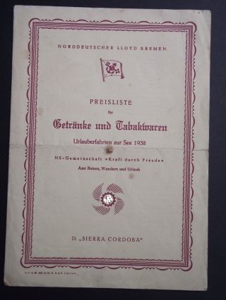 D.  Sierra Cordoba Urlaubsfahrten Zur See 1938 Preisliste Für Getränke Und Tabakwa Bild