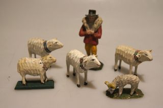 Grulich - Krippenfigur Schäfer Mit 5 Schafe,  Um 1900 Bild