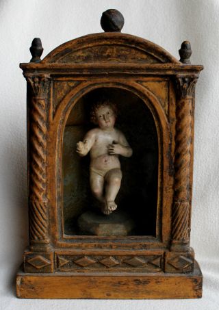 Barockes Jesuskind Im Schrein,  Holz,  Geschnitzt,  18.  Jh. Bild