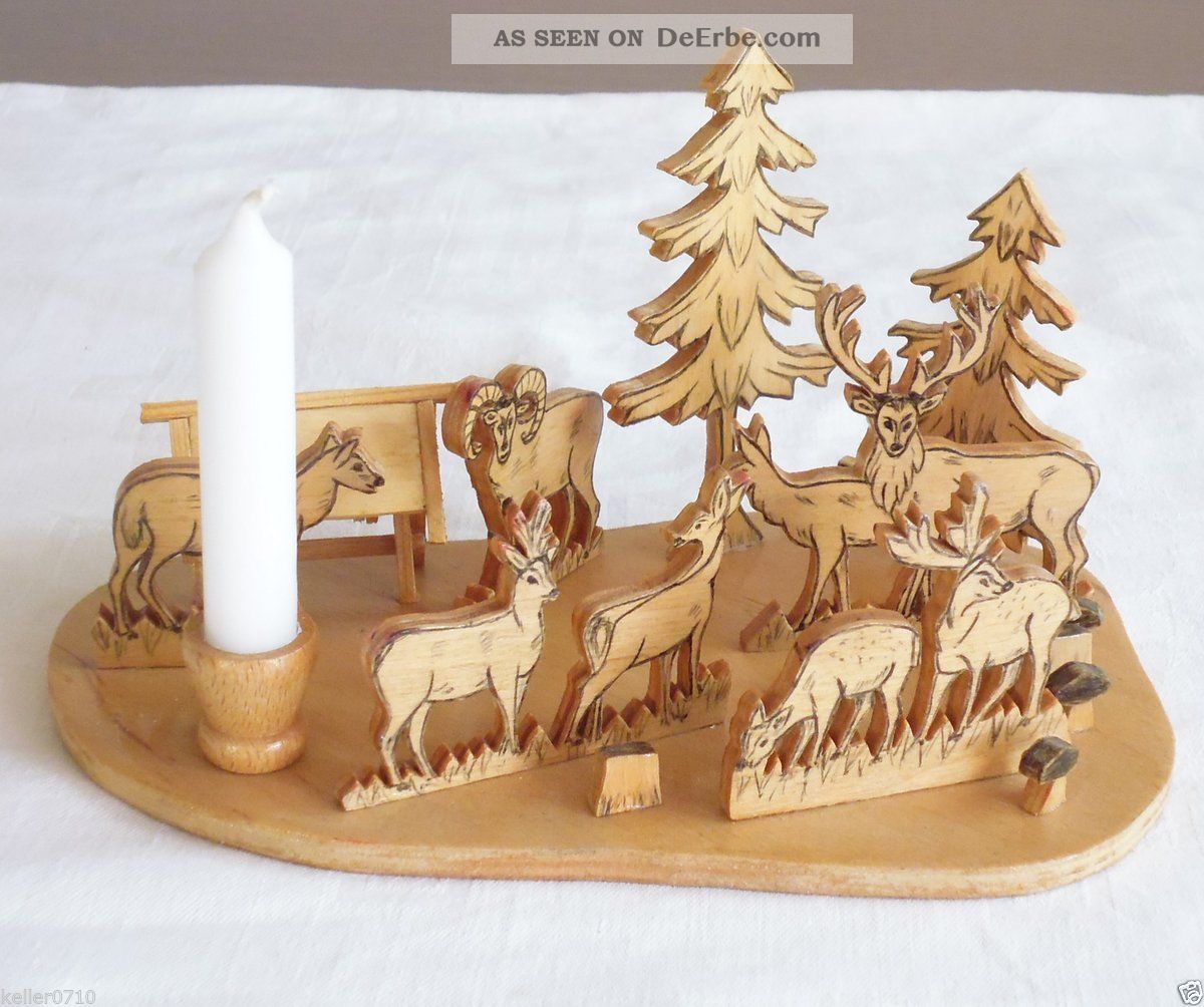 Rehgruppe Mit Kerzenhalter,  Handgeschnitzt 19 Cm X 12 Cm - 1950-1999 Bild