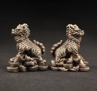 Sammeln Alte 2 X Lion Get Rich Skulpturen,  Tibet Silber,  China Selten Bild