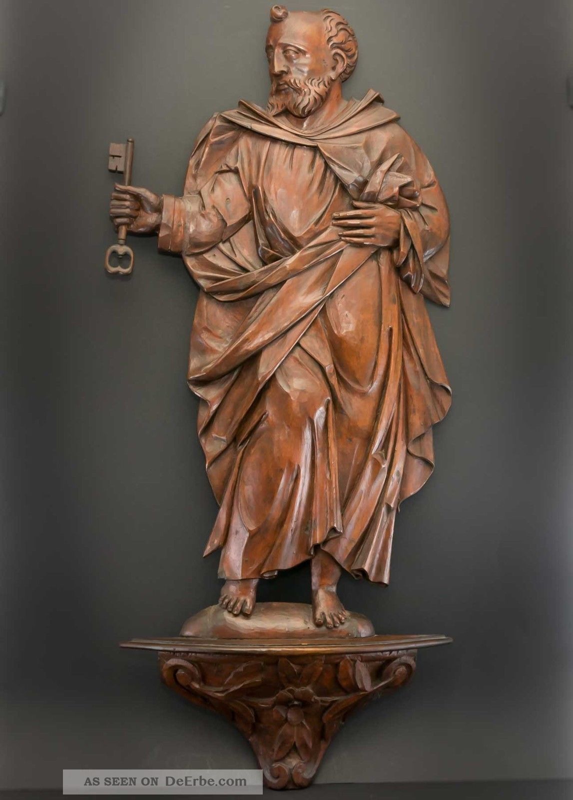 Antike Holz - Figur Hl.  Petrus Mit Schlüssel Auf Geschnitztem Sockel,  88cm Riesig Skulpturen & Kruzifixe Bild