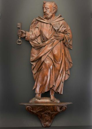 Antike Holz - Figur Hl.  Petrus Mit Schlüssel Auf Geschnitztem Sockel,  88cm Riesig Bild