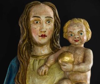 Alte Holz - Madonna Mit Jesuskind,  Hl.  Maria,  Farbig Gefasst,  Schöne Gesichter Bild