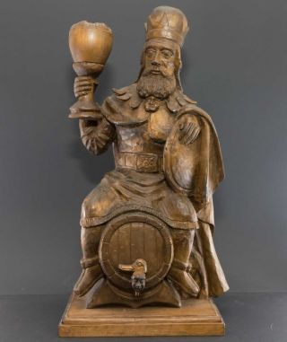 König Gambrinus Auf Bierfass,  Erfinder Bierbrauerei,  Antike Holz - Skulptur 54 Cm Bild