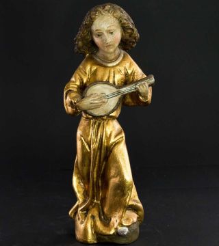 Handgefasster Engel Im Goldenen Gewand Mit Laute,  26 Cm Groß,  1930 Bild