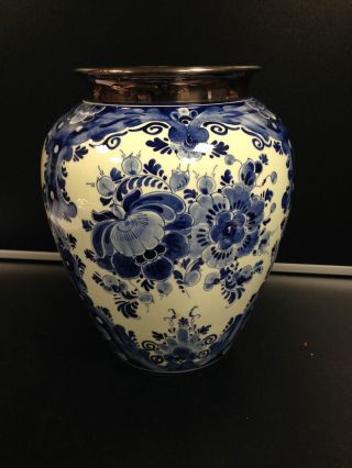 Sehr Schöne Vase Mit 925 Er Silberrand - Regina Delft - Ca.  26 Cm Bild