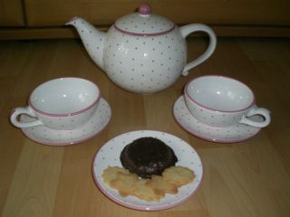 ✿ Gmundner Keramik ✿ Große Teekanne Teetassen Untertassen Tupferl Rosa Getupft Bild
