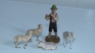 Schäfer Mit 4 Schafen - Masse Und Zinn - Hergestellt Um 1910 - Erzgebirge - Bild