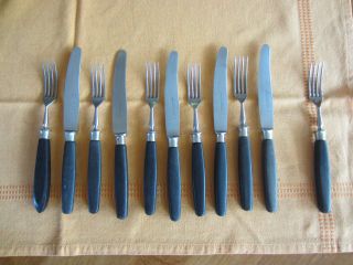 Altes Besteck 5 Messer,  6 Gabeln,  Rostfrei,  Griffe Aus Ebenholz Bild