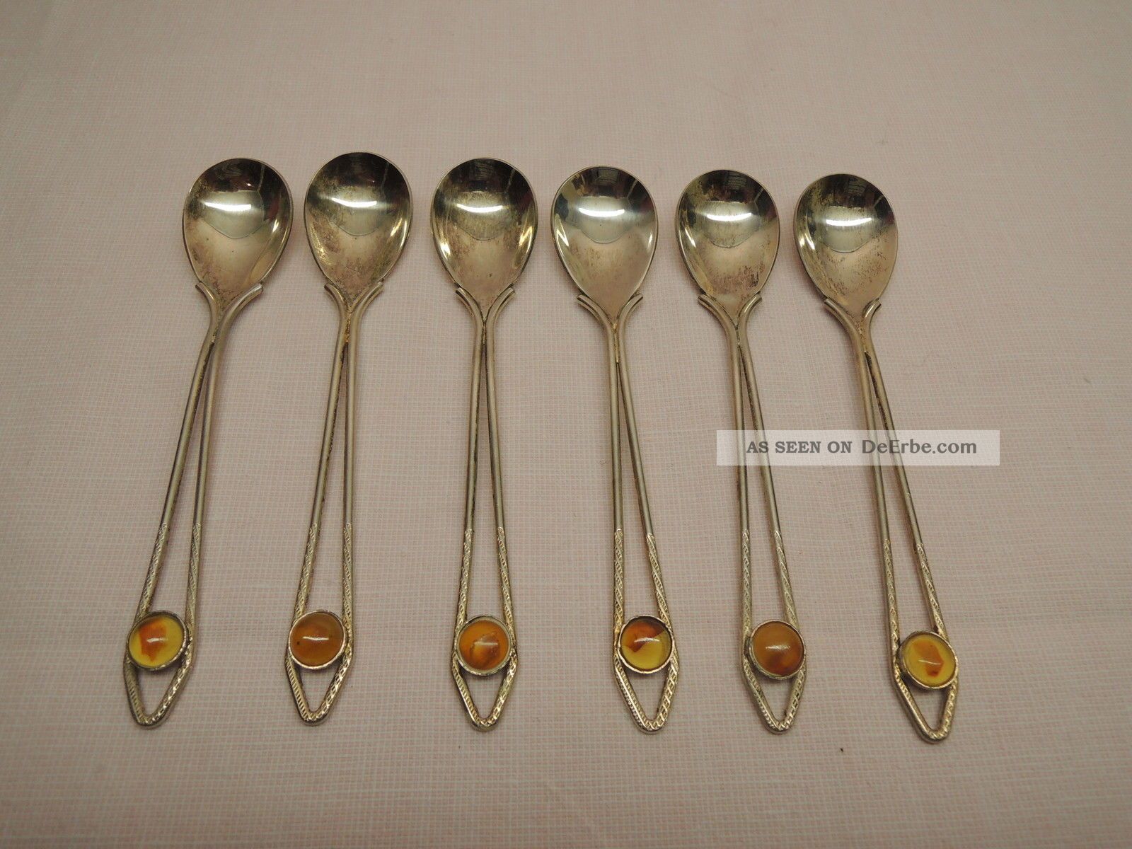 A2 Jugendstil / Art - Deco´ 6 Versilberte Mokka LÖffel Mit Bernstein 11cm LÄnge Objekte vor 1945 Bild