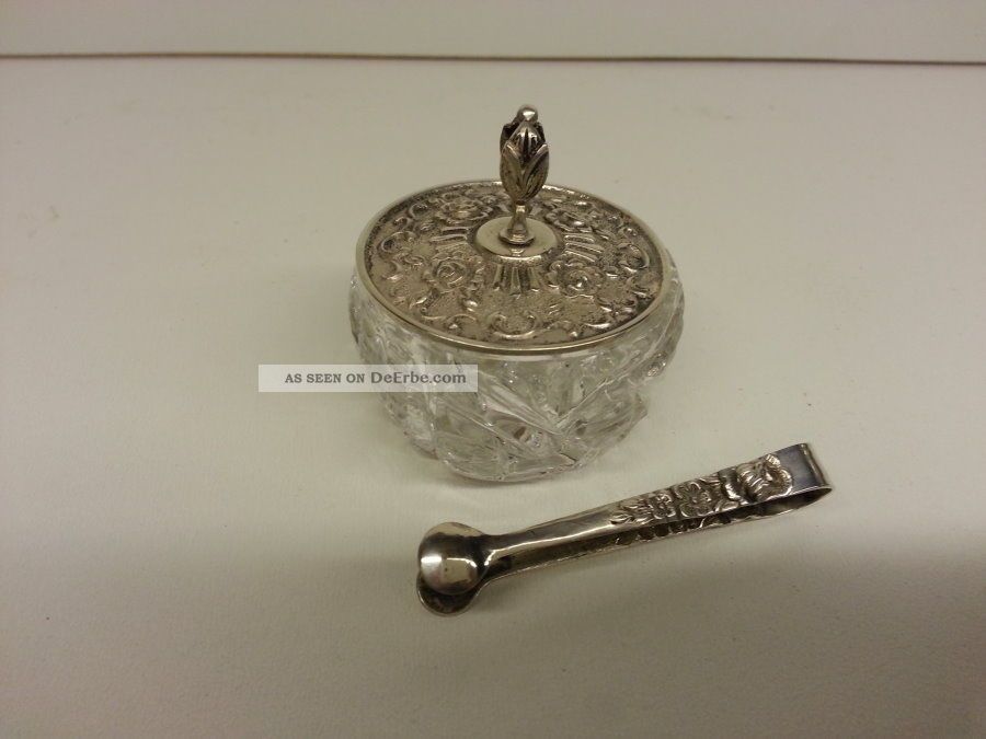 Alt Silber 835 Zuckerdose Zucker Dose Bleikristall Tafelsilber Zuckerzange Rose Objekte nach 1945 Bild