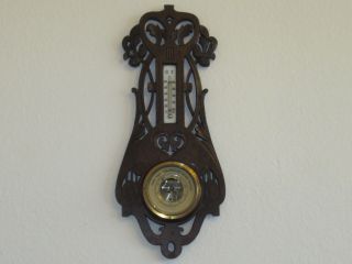SchÖne Antik Holz Barometer / Thermometer Um 1910 Bild