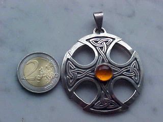 Großer Anhänger Keltischer Knoten Silber Mit Bernstein Kelten Sterling - Silber Bild