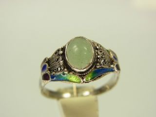 Schöner Jade Emaille Ring 925 Sterlingsilber Filligran China Um 1950 Bild