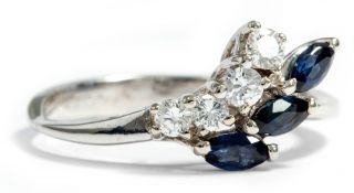 Eleganz Der 80er Jahre: 585 Weißgold Saphir & Diamant Ring Mit 0,  25ct Brillanten Bild