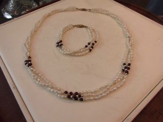3reihige Kette Collier,  Armband Echte Sw Perlenkette Granat 60er Jahre Bild