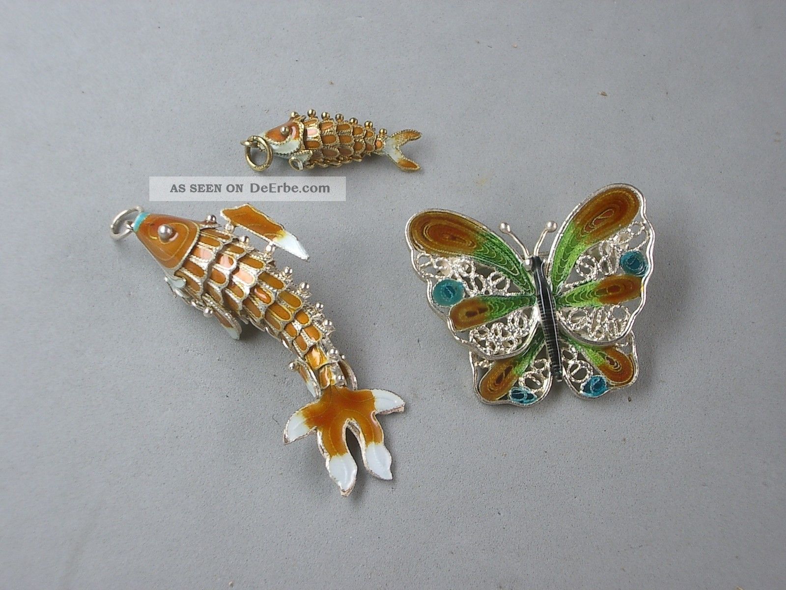2 Anhänger, 1 Brosche Silber, Fische U. Schmetterling Emailliert ...