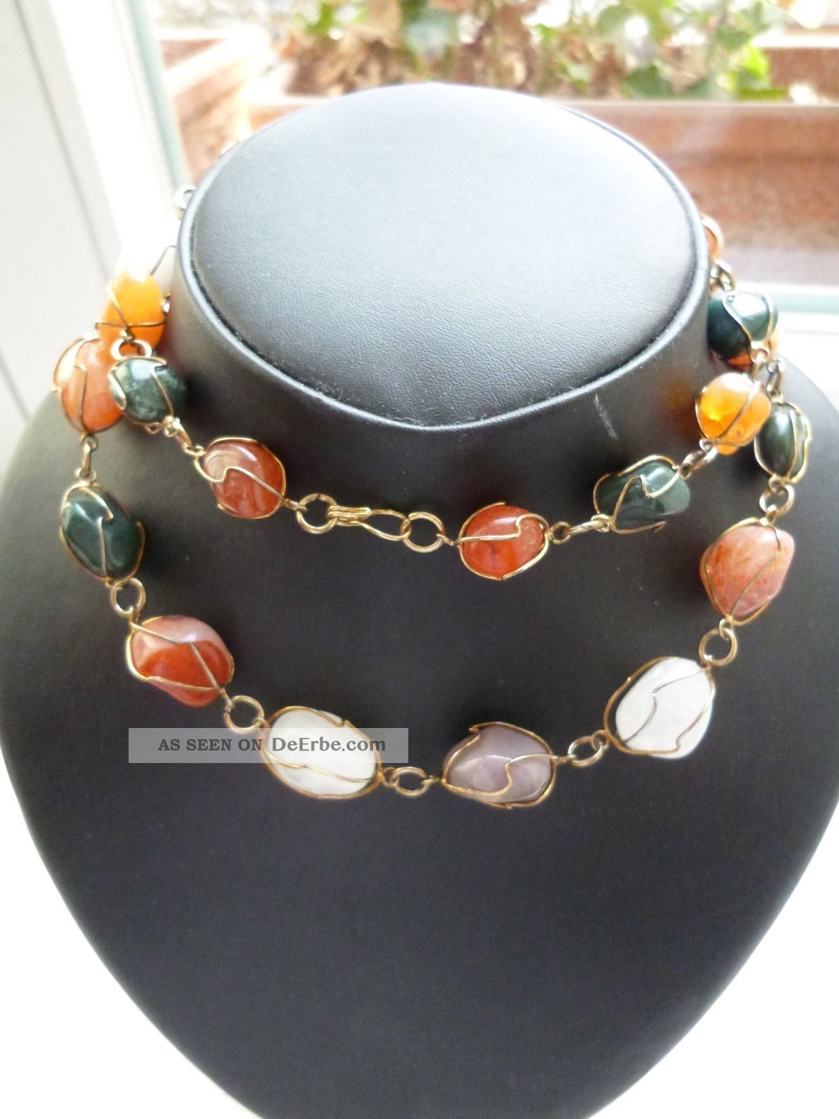 Art Déco Edelstein Halskette Aventurin & Achat & Bergkristall 1940 Golddraht Rar Ketten Bild