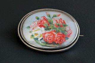 Silber Brosche Mit Bein Malerei Hinter Glas - Blumenmotiv - Anstecknadel Um 1900 Bild