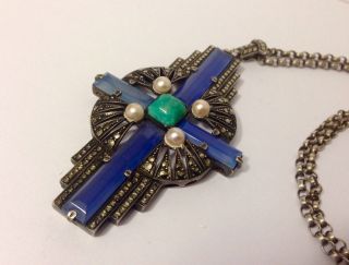 Antikes Collier,  Feine Silberschmiedearbeit - Art Deco - Markasite,  Türkis Und Perlen Bild