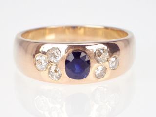 Jugendstil 585 Gold 0,  58 Ct Saphir 0,  25 Ct Diamant Verlobung Band Ring,  Antik Bild