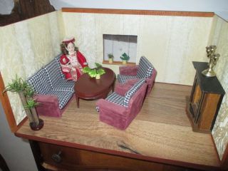 Komplettes Puppenstuben Möbel Wohnzimmer Mit Kamin Und 2 Pflanzen 1/12 Bild